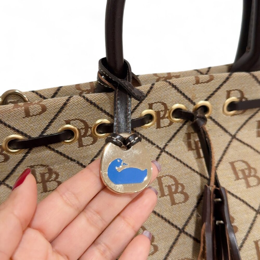Vintage Dooney & Bourke Brown Logo Print Canvas Tassel Tote Satchel Bag - Picture 8 of 13